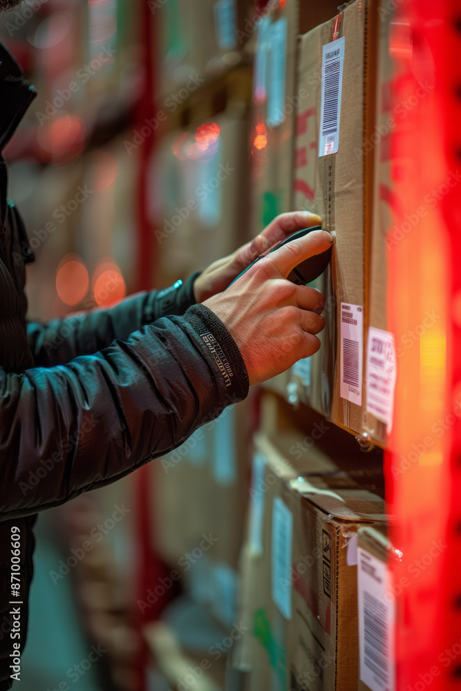 Poster macro view of a moverâ€™s hand scanning a barcode on a box, with technology assisting in inventory m