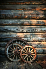 Weathered Wooden Wagon Wheels Against Rustic Log Cabin Wall in Sunlight