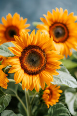 Fototapeta premium Close Up of Vibrant Sunflowers in Bloom with Green Foliage on a Sunny Day
