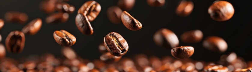 Fototapeta premium Close-up of roasted coffee beans in motion against a dark background, capturing the rich texture and essence of fresh coffee.