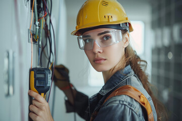 A young electrician woman works at a construction site.