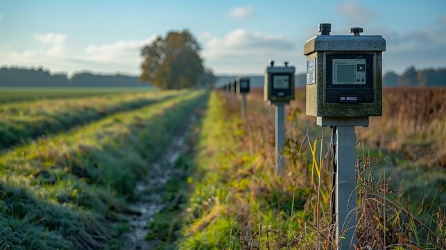 Realistic photo of air quality monitoring stations, illustrating the implementation of the Clean Air Act through real-time tracking of pollutants. , Minimalism,