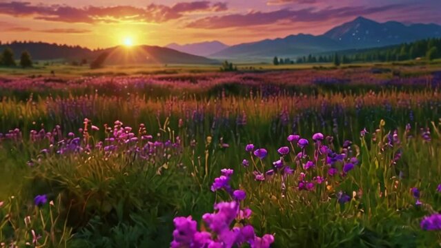 Beautiful panorama rural landscape with sunrise and blossoming meadow. purple flowers flowering on spring field, Phacelia, seamless looping 4K High-Quality animation video