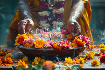 Detailed image of a Hindu priest conducting a puja ceremony, with vibrant flowers, incense, and offerings arranged beautifully,