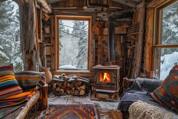 Cozy Winter Cabin with Wood Burning Stove and Snowy Forest View, Perfect for Rustic Retreat