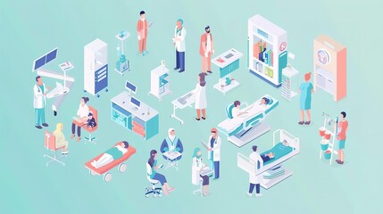 Hospital scene, with illustrations of doctors, nurses, and patients in a hospital setting, showing various aspects of healthcare
