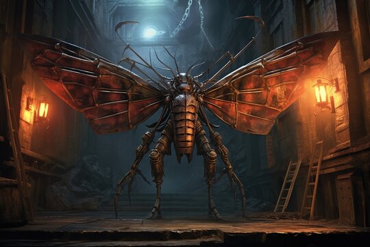 Terrible robot insect with wings in the dark under
