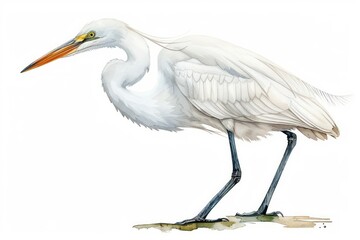 Fototapeta premium Great Egret, bird, Pastel-colored, in hand-drawn style, watercolor, isolated on white background