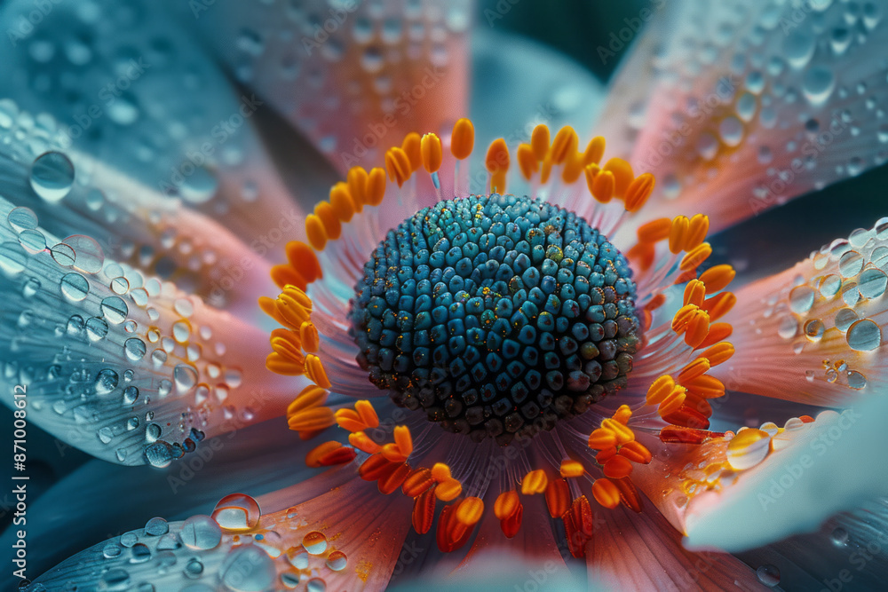 Poster macro shot of a flower with a central core that resembles a digital screen, displaying patterns,