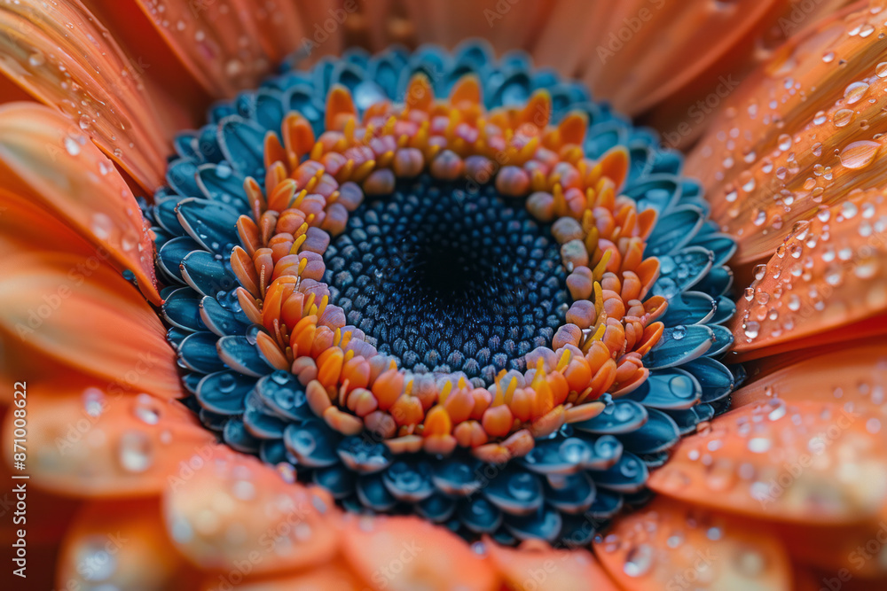 Poster macro shot of a flower with a central core that resembles a digital screen, displaying patterns,
