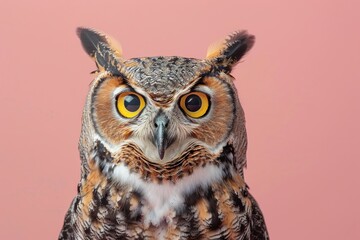 Obraz premium Great Horned Owl, isolated on pastel background, stock photographic style