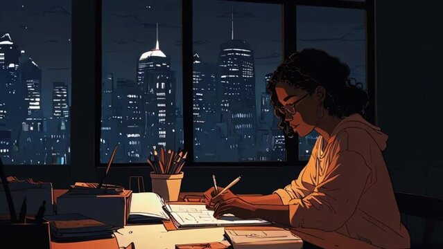 Lofi study girl with cat cartoon flat illustration. Black female doing homework 2D linear background. Notebook writing desk. lo-fi, hip-hop style. Anime manga style. 4K Motion graphics Animation Video