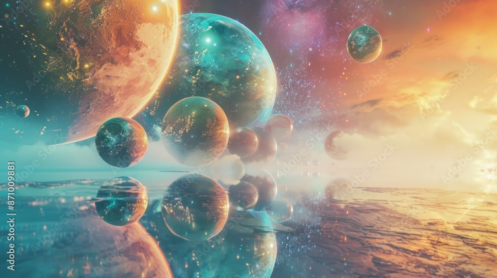 Poster a vibrant and ethereal depiction of a multiverse, showcasing planets of various colors and sizes flo