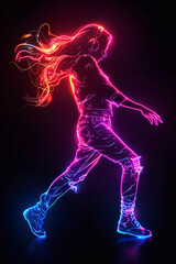 Simple vector graphic of neon woman dancing isolated on black background.