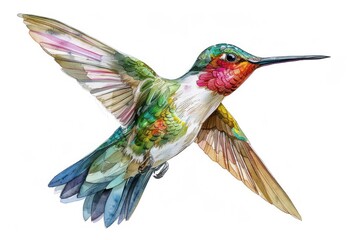 Fototapeta premium Hummingbird, bird, Pastel-colored, in hand-drawn style, watercolor, isolated on white background