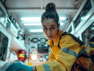 Young doctor checking equipment in ambulance car