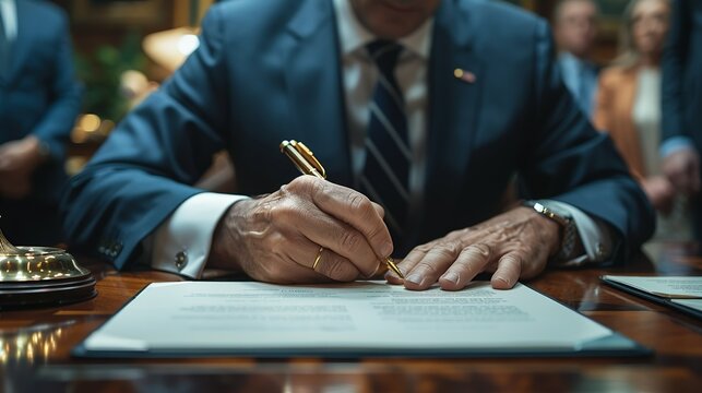 Realistic photo of global leaders signing the Paris Agreement, capturing a historic moment of international cooperation to address climate change challenges. , Minimalism,