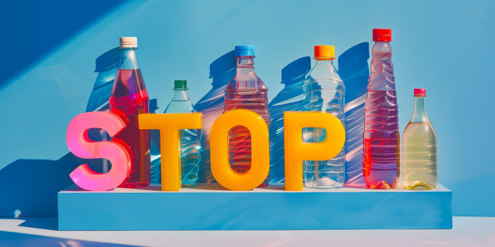 Colorful Plastic Bottles with Stop Sign on Blue Background - Powered by Adobe