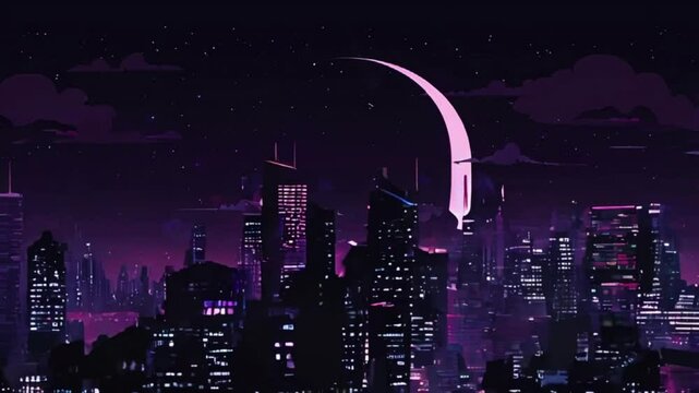 A romantic city with lit up skyscrapers. Purple night background with floating crescent moon. flat design style. lo-fi, hip-hop style. Anime manga style. 4K Motion graphics Animation Video