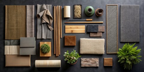 Creative Architect Mood Board Design with Textile, Natural Samples, Accessories on Black Background Architectural Plan, Home Decor, Interior Design, Material Selection, Workspace