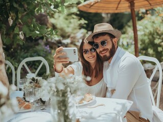 Portrait of couple taking selfie, sitting at the table with family and friends at the family garden party, holiday in nature