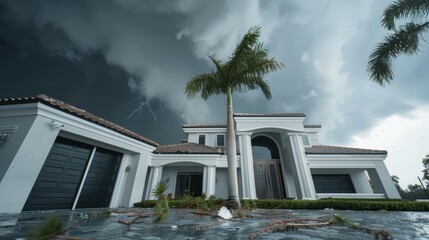Severe storm impact on a high-end Florida home, luxurious property with visible damage, roof tiles missing, and large branches on the ground, moody sky, concept Florida, storm, damages, home