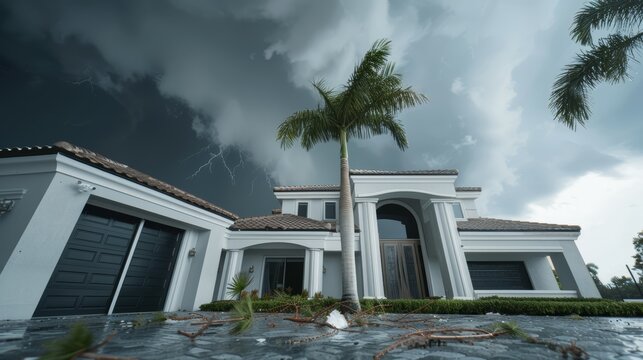 Severe storm impact on a high-end Florida home, luxurious property with visible damage, roof tiles missing, and large branches on the ground, moody sky, concept Florida, storm, damages, home