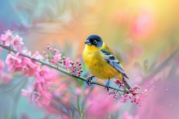 Naklejka premium Lesser Goldfinch, isolated on pastel background, stock photographic style