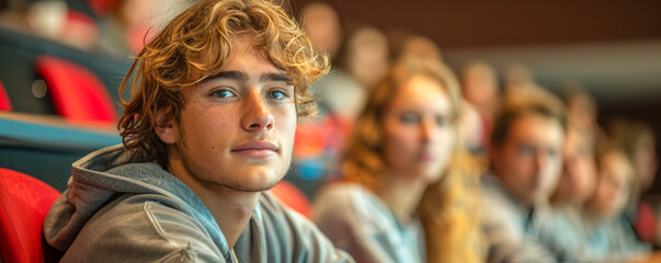 Group of Young Students Attending a Class Lecture in a Modern University Auditorium