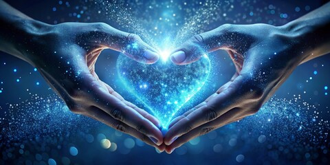 Ethereal heart of linked blue hands wreathed in ephemeral, scattered sparkles.