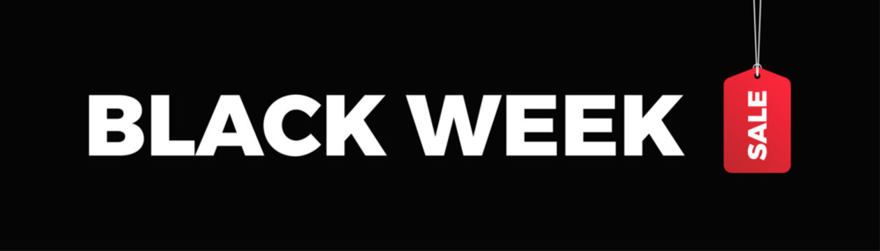 Black week sale price tag hanging on background