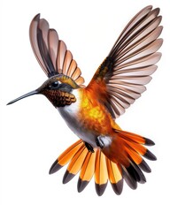 Obraz premium A colorful hummingbird in mid-flight with wings spread wide, isolated on a white background.