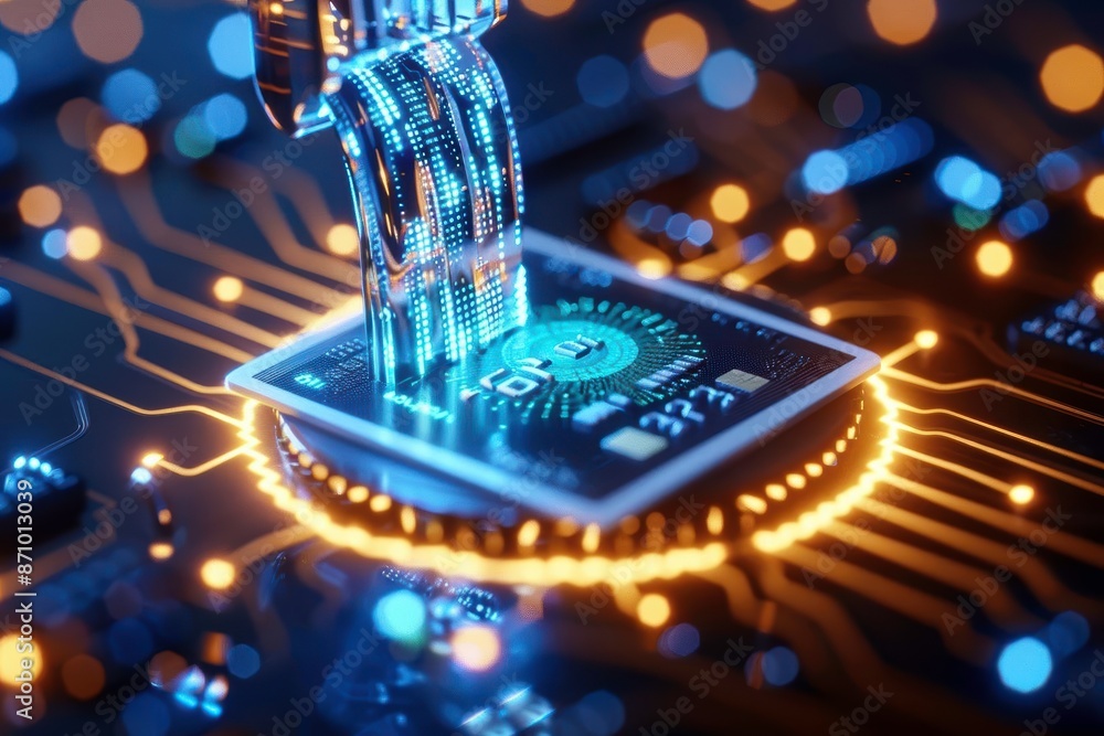 Poster a robotic hand interacts with a circuit board, representing technological advancement and automation