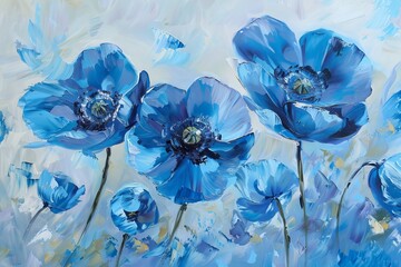 Abstract background with blue Poppies, oil or water painting of flowers. modern, painting, flowers, ice blue, shade