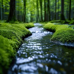 A tranquil stream meanders through a lush, moss-covered forest floor, sunlight dappling the water's surface.