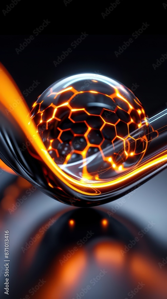 Poster abstract 3d render of a glowing sphere with hexagonal pattern, resting on a curved surface.