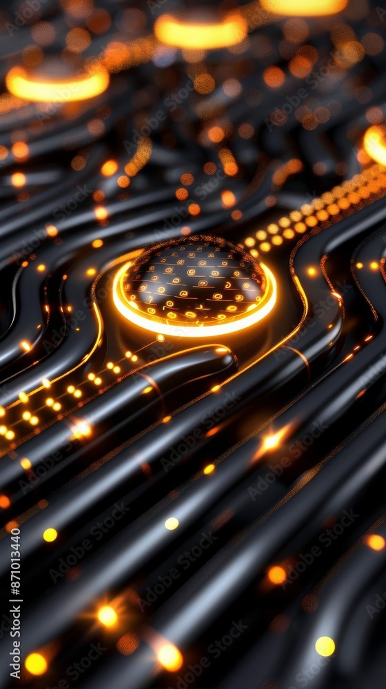 Poster abstract futuristic background with glowing golden lines and circles on a black surface.