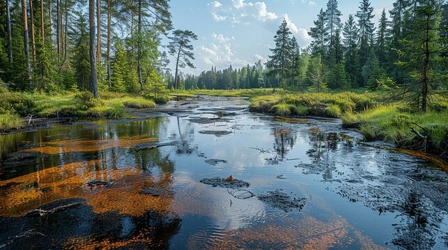 Captivating realistic photo of acid rain damage on a forest ecosystem, with dying trees and acidified water bodies, highlighting the need for environmental regulations. , Minimalism,