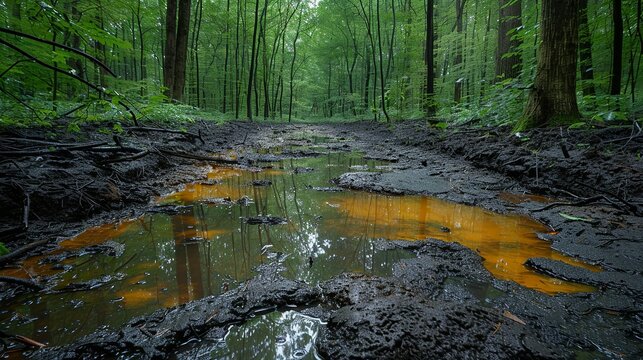 Captivating realistic photo of acid rain damage on a forest ecosystem, with dying trees and acidified water bodies, highlighting the need for environmental regulations. , Minimalism,