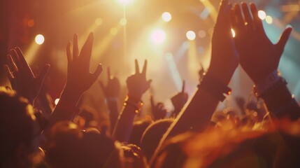 A crowd of people are at a concert, with their hands raised in the air