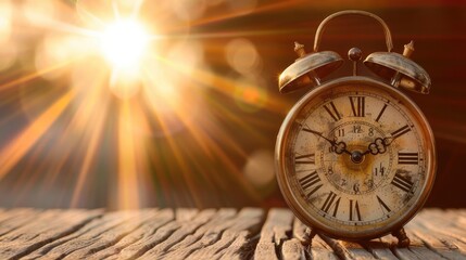 Antique clock on a rustic table, morning sunlight and bright flare, text space
