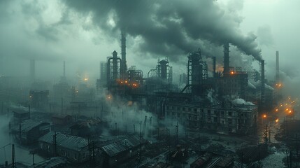 Fototapeta premium Captivating realistic photo of acid rain's corrosive effects on a cityscape, with damaged buildings and infrastructure emphasizing the need for cleaner industrial practices. , Minimalism,