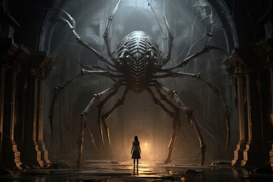 Young woman in front of a huge gate to a dungeon with an arachnid insect monster guard