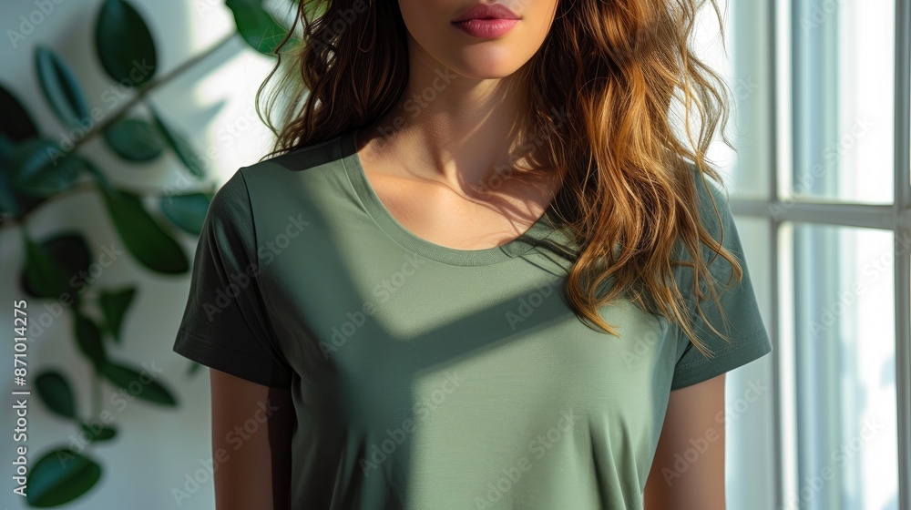 Wall mural Fashionable young woman showcasing green t-shirt mockup