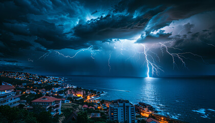 Night cityscape with strong lightning, majestic view on coastal town in dark stormy night, dramatic sky scape with bright zipper