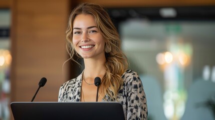 A relaxed woman smiles brightly as she stands at a podium with two microphones, delivering a speech in an elegant and well-lit conference room.