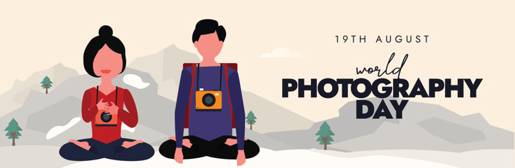 World Photography Day cover banner, post. 19th August Photography day cover banner with two sitting photographers, hanging cameras, mountains view in background. Conceptual banner template design.