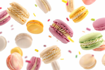 Flying hovering macaroons on a white background.