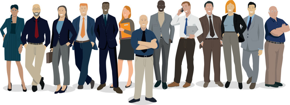 équipe soudée réunie derrière le patron de l'entreprise. Hommes et femmes, diversité culturelle et ethnique