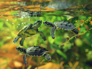 Obraz premium Baby Turtles Underwater, Generative AI Illustration